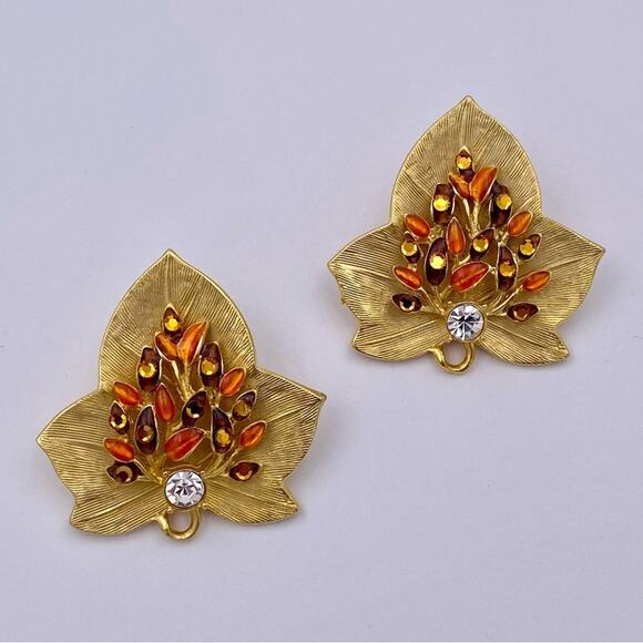 CRAFT Vintage Collectible Fall Orange Brown Leaf Clip On Earrings - Picture 1 of 16